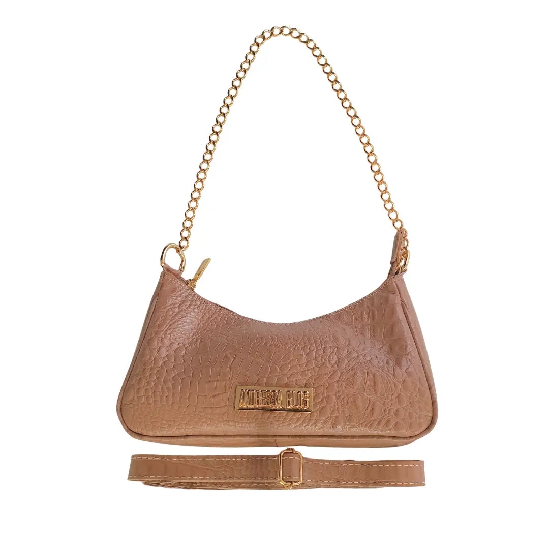 Bolsa Couro Legítimo Nude Croco Pequena Corrente Dourada Alça de Mão e Tiracolo Removível Modelo Paris