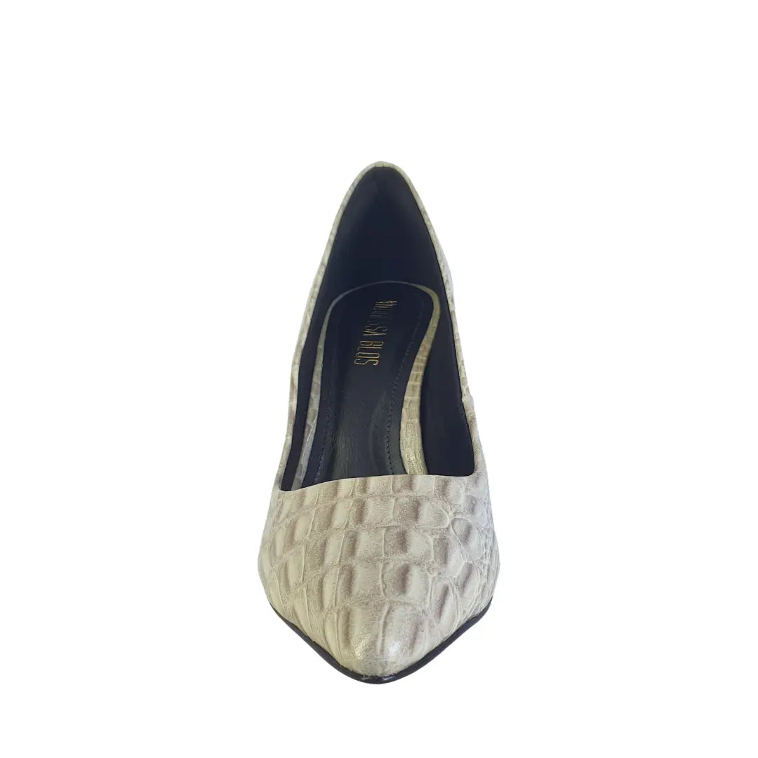 Scarpin Couro Legítimo Off White Croco Salto Alto 10cm Sola Vermelha