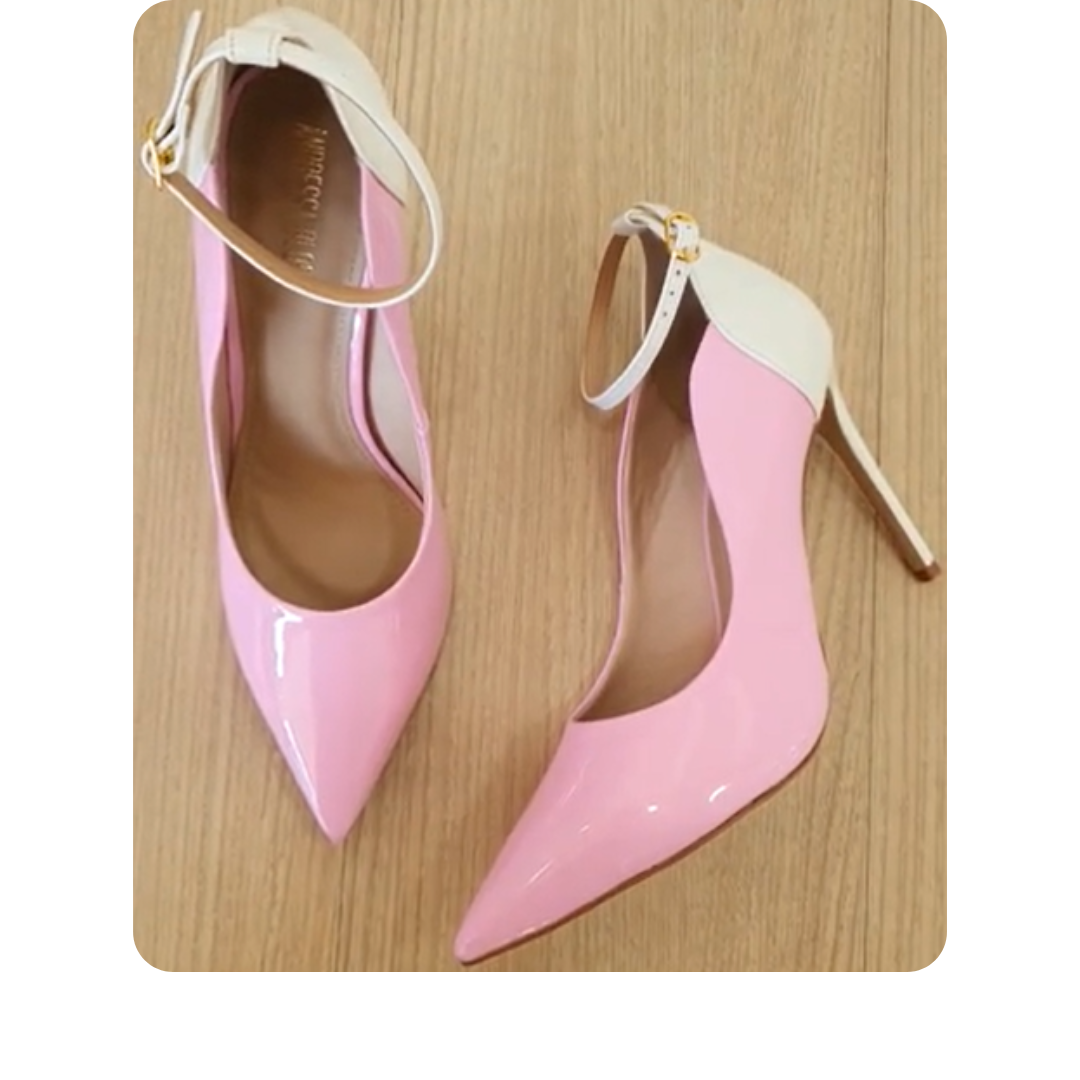 Scarpin Bicolor Rosa Com Branco Verniz Salto Alto 12cm Sola Bege