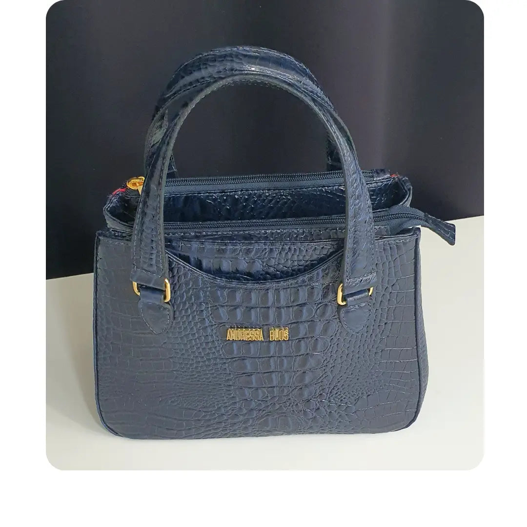Bolsa Couro Legítimo Azul Marinho Croco Com Alça de Mão e Tiracolo Removível