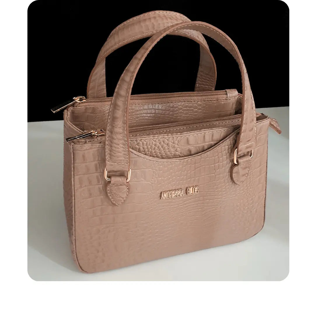 Bolsa Couro Legítimo Nude Croco Com Alça de Mão e Tiracolo Removível