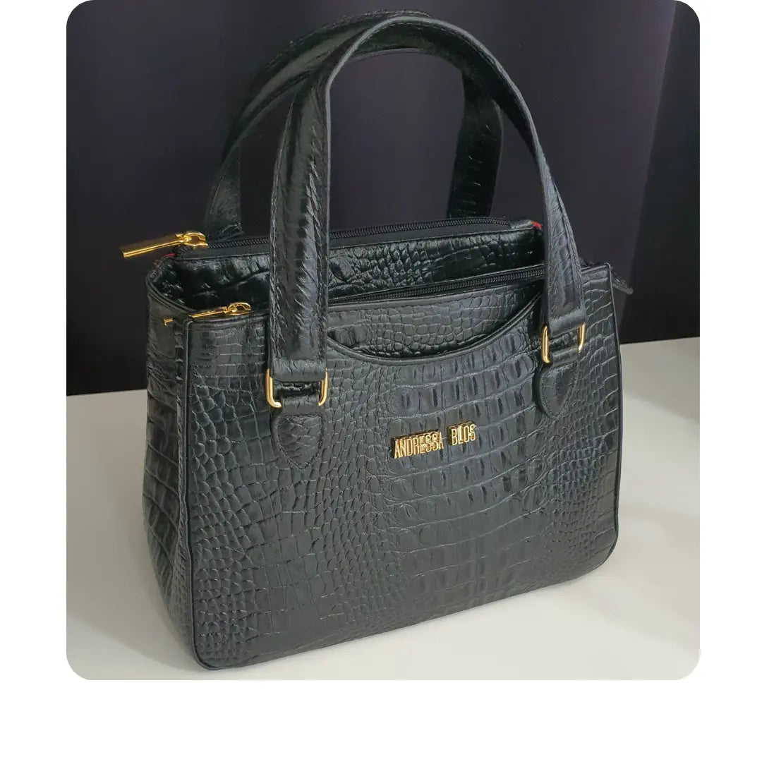 Bolsa Couro Legítimo Preto Croco Com Alça de Mão e Tiracolo Removível