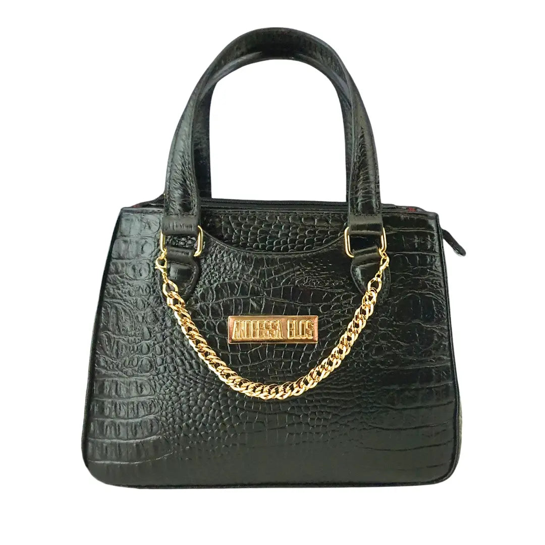 Bolsa Couro Legítimo Preto Croco Com Alça de Mão e Tiracolo Removível