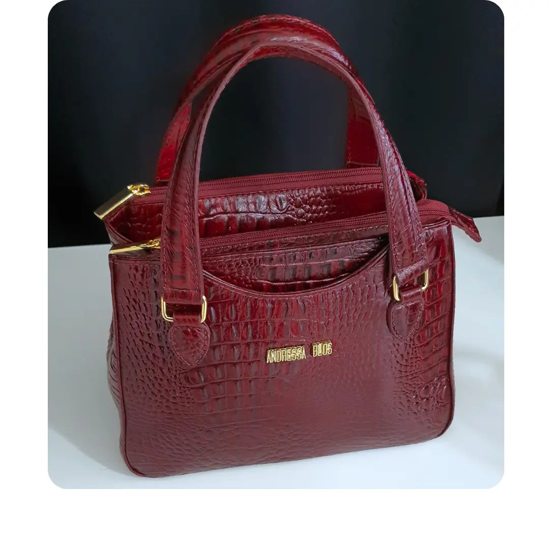 Bolsa Couro Legítimo Marsala Croco Com Alça de Mão e Tiracolo Removível