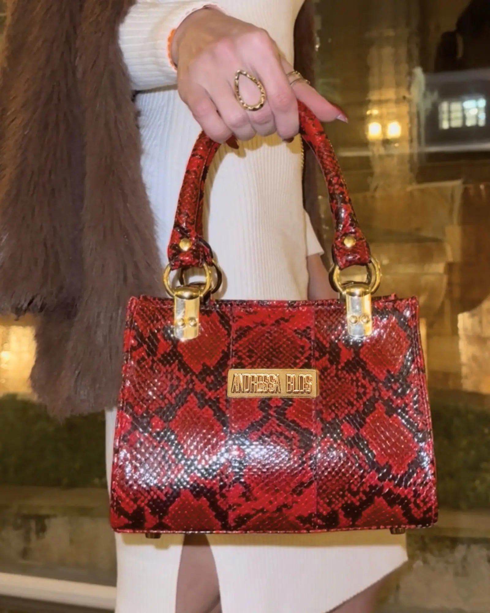 Bolsa Hollywood Couro Legítimo Vermelho Cobra Com Alça de Mão