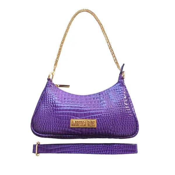 Bolsa Paris Couro Legítimo Roxo Croco Verniz Pequena Corrente Dourada Alça de Mão e Tiracolo Removível