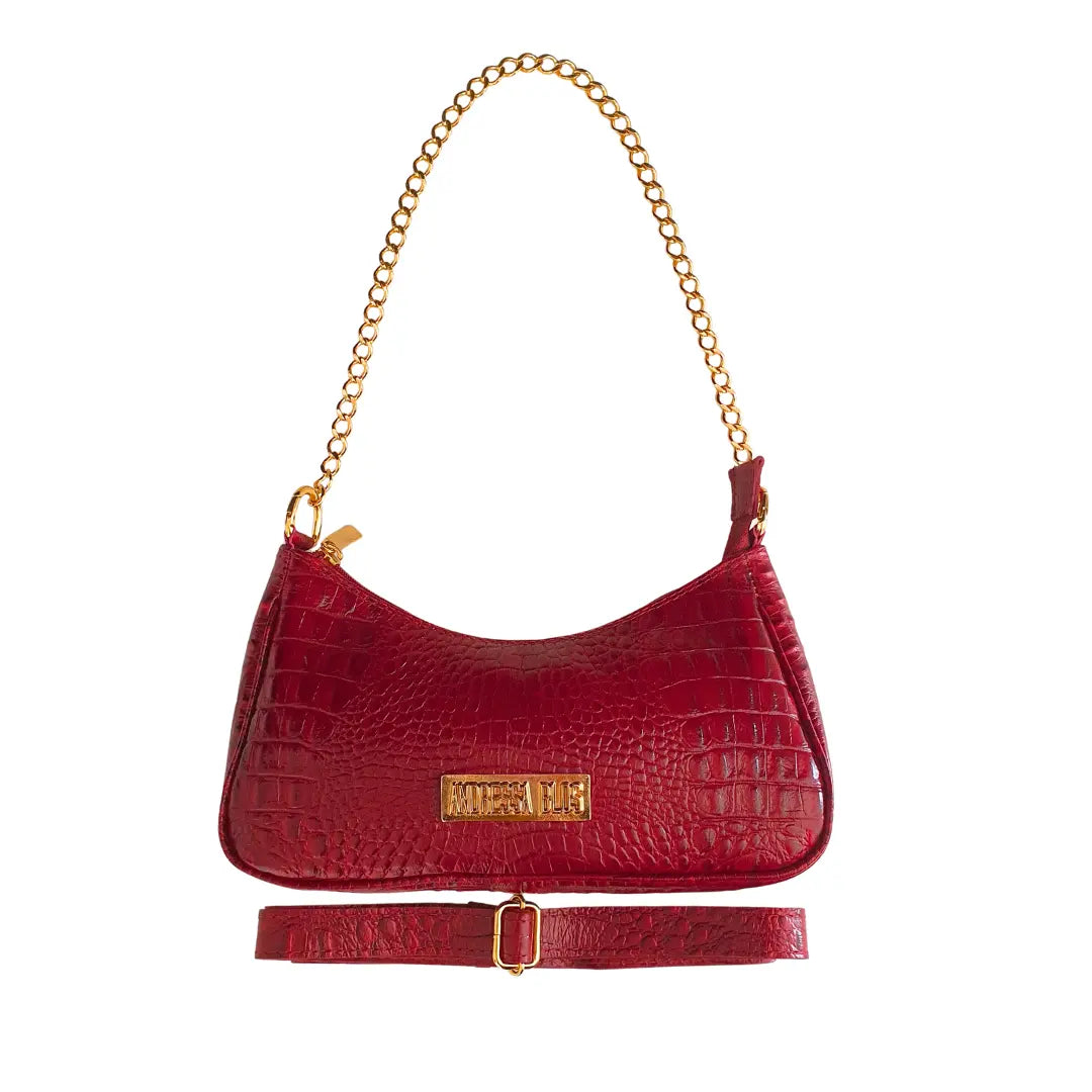 Bolsa Couro Legítimo Vermelho Croco Pequena Corrente Dourada Alça de Mão e Tiracolo Removível Modelo Paris