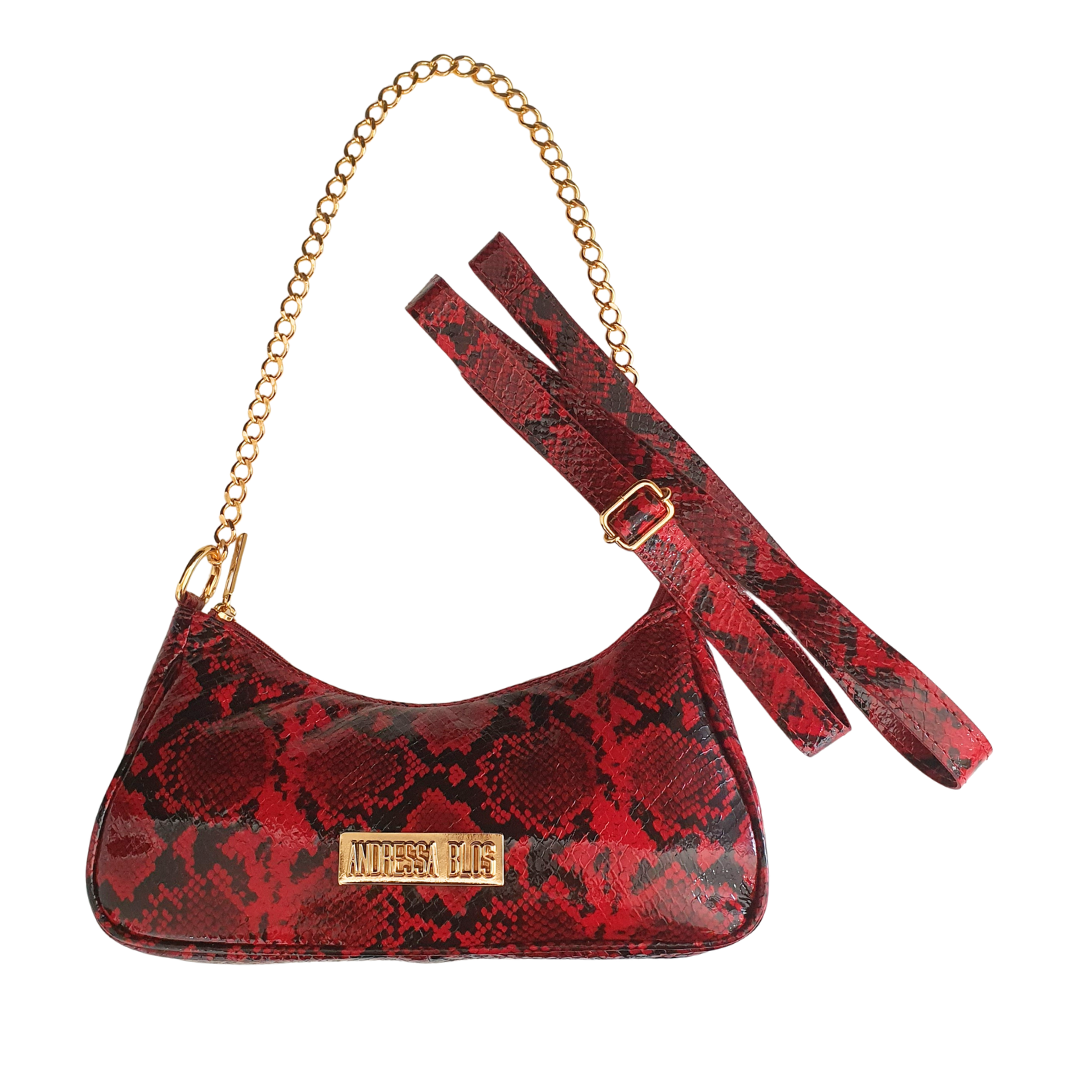 Bolsa Couro Legítimo Vermelho Cobra Pequena Corrente Dourada Alça de Mão e Tiracolo Removível Modelo Paris