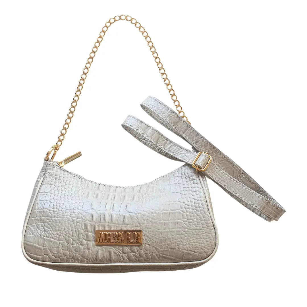 Bolsa Couro Legítimo Off White Croco Pequena Corrente Dourada Alça de Mão e Tiracolo Removível Modelo Paris