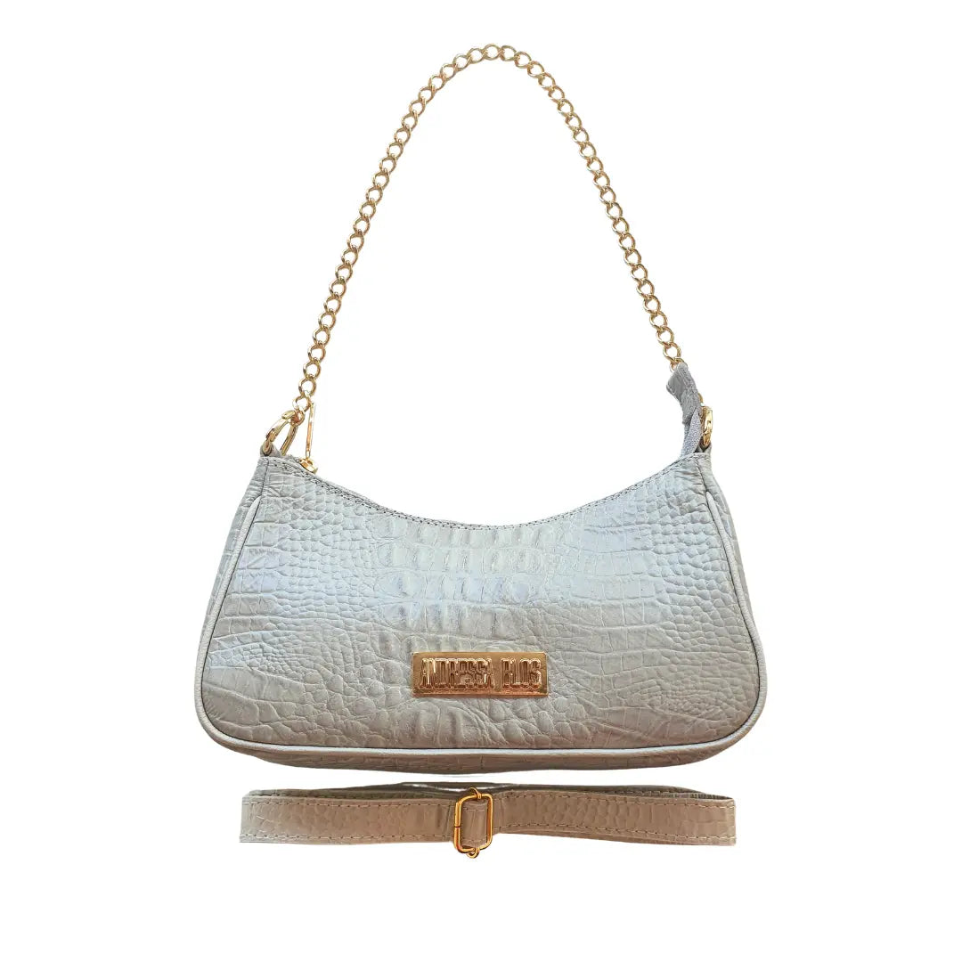 Bolsa Couro Legítimo Off White Croco Pequena Corrente Dourada Alça de Mão e Tiracolo Removível Modelo Paris