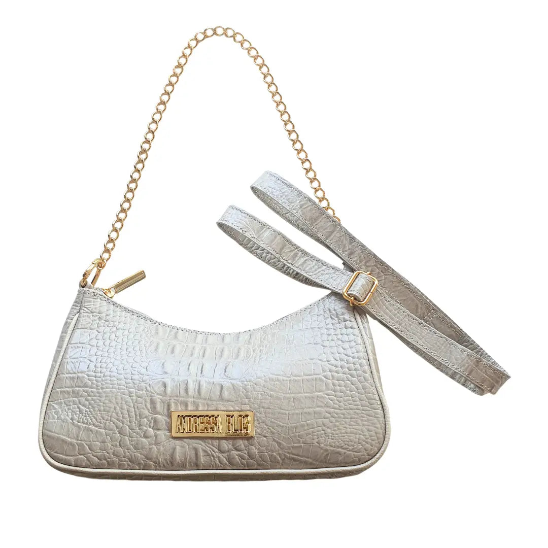 Bolsa Paris Couro Legítimo Off White Croco Pequena Corrente Dourada Alça de Mão e Tiracolo Removível