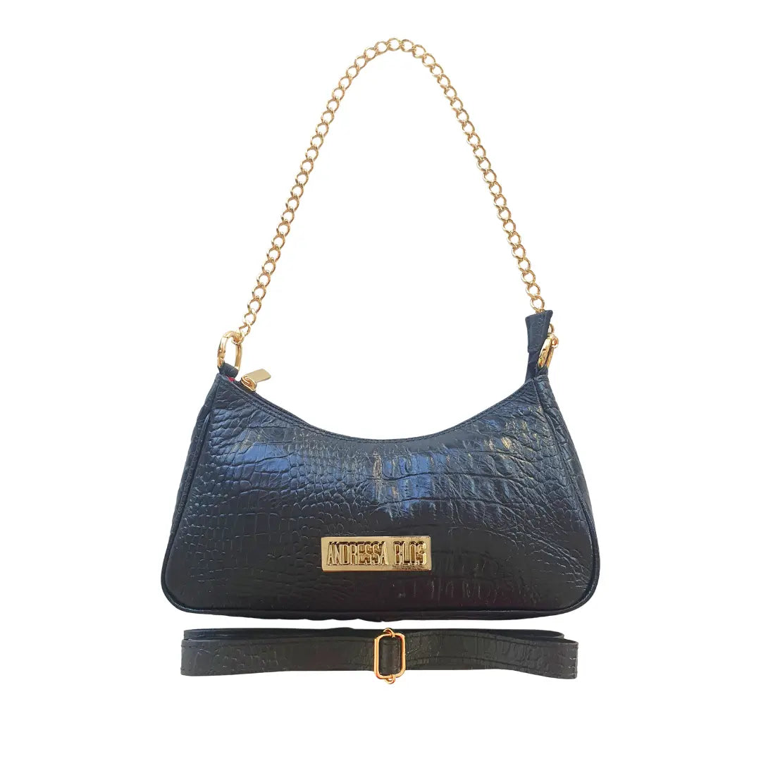 Bolsa Paris Couro Legítimo Preto Croco Pequena Corrente Dourada Alça de Mão e Tiracolo Removível