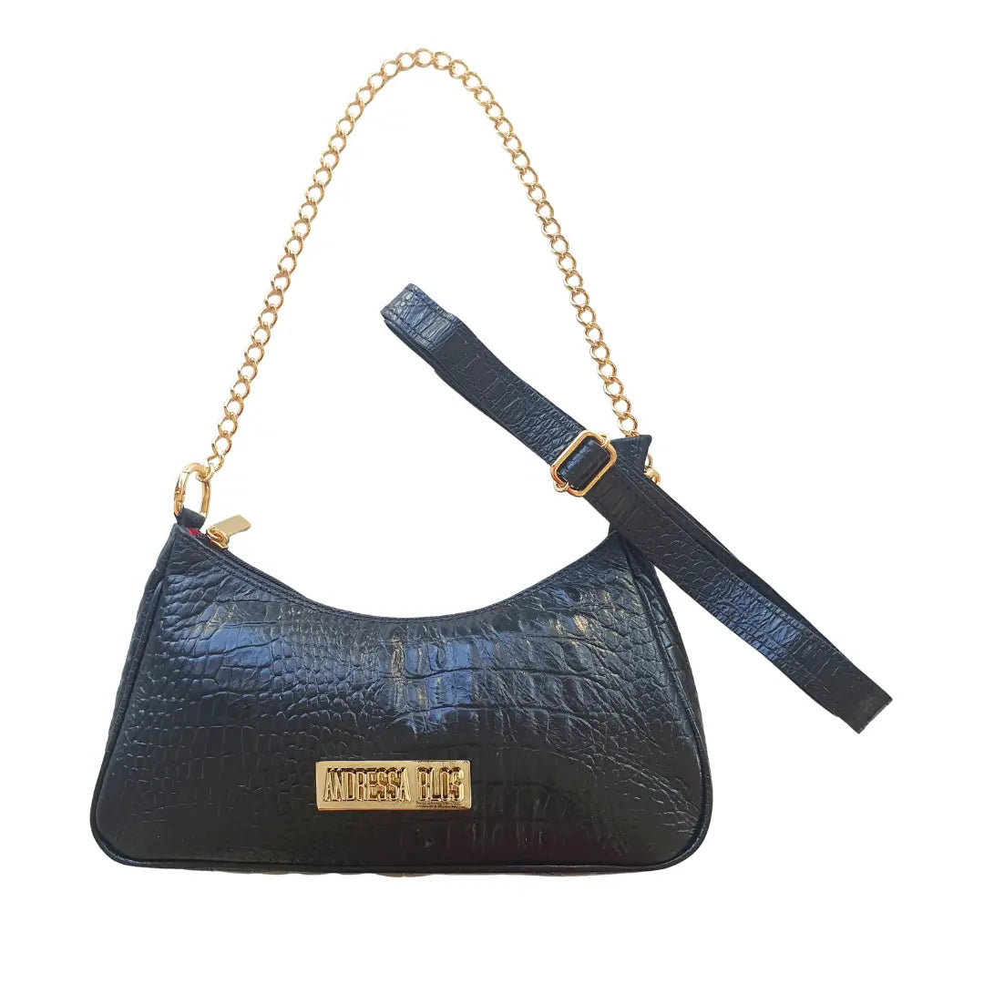 Bolsa Paris Couro Legítimo Preto Croco Pequena Corrente Dourada Alça de Mão e Tiracolo Removível
