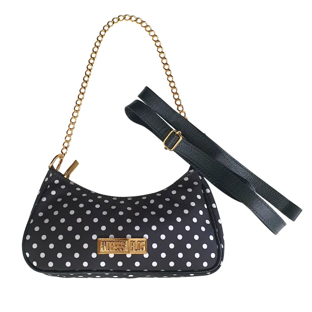 Bolsa Preto Poá Pequena Corrente Dourada Com Alça de Mão e Tiracolo Removível Modelo Paris