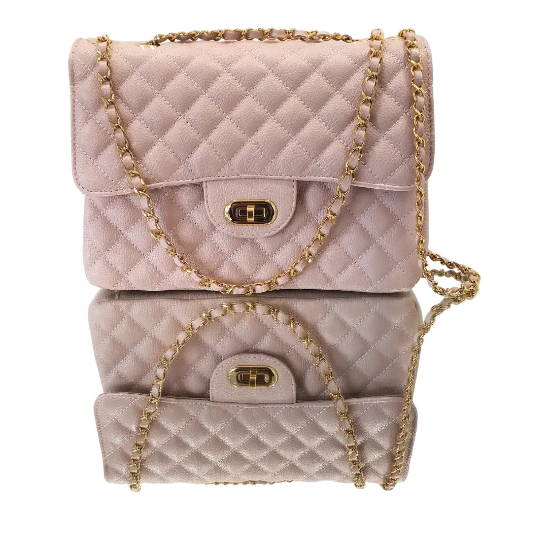 Bolsa Veneza Couro Legítimo Rosa Claro Floater Matelassê Com Alça de Corrente Ajustável