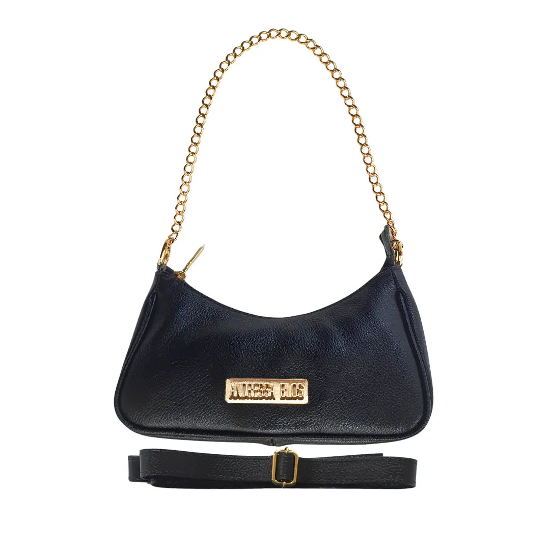 Bolsa Couro Legítimo Preto Fosco Pequena Corrente Dourada Alça de Mão e Tiracolvível Modelo Pariso Remo
