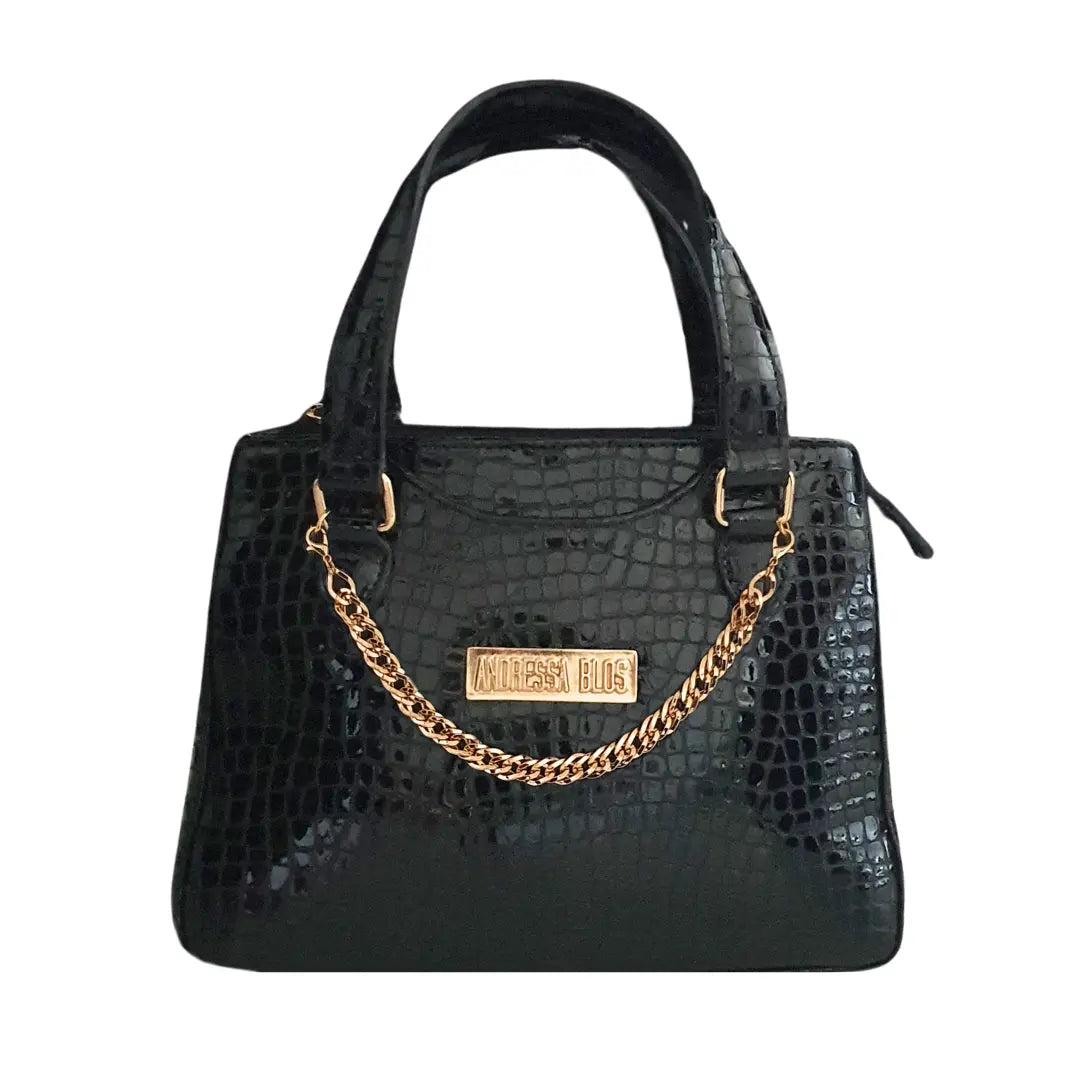 Bolsa Couro Legítimo Preto Verniz Croco Com Alça de Mão e Tiracolo Removível