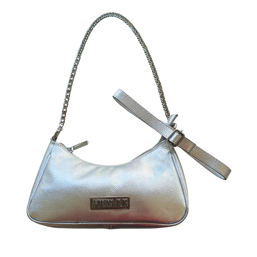 Bolsa Couro Legítimo Prata Pequena Corrente Prata Alça de Mão e Tiracolo Removível Modelo Paris