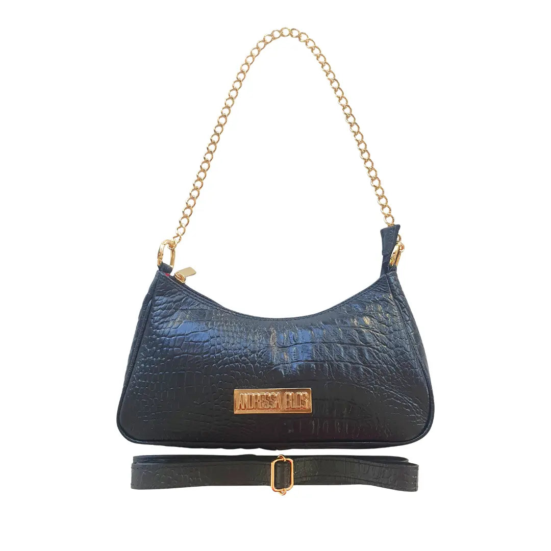 Bolsa Couro Legítimo Preto Croco Pequena Corrente Dourada Alça de Mão e Tiracolo Removível Modelo Paris