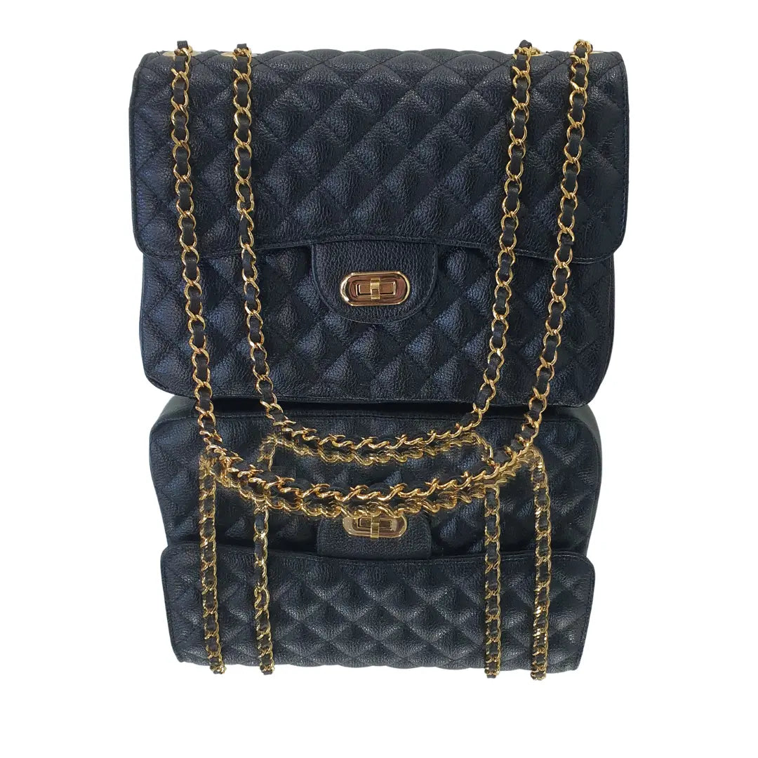 Bolsa Veneza Couro Legítimo Preto Floater Matelassê Com Alça de Corrente Ajustável