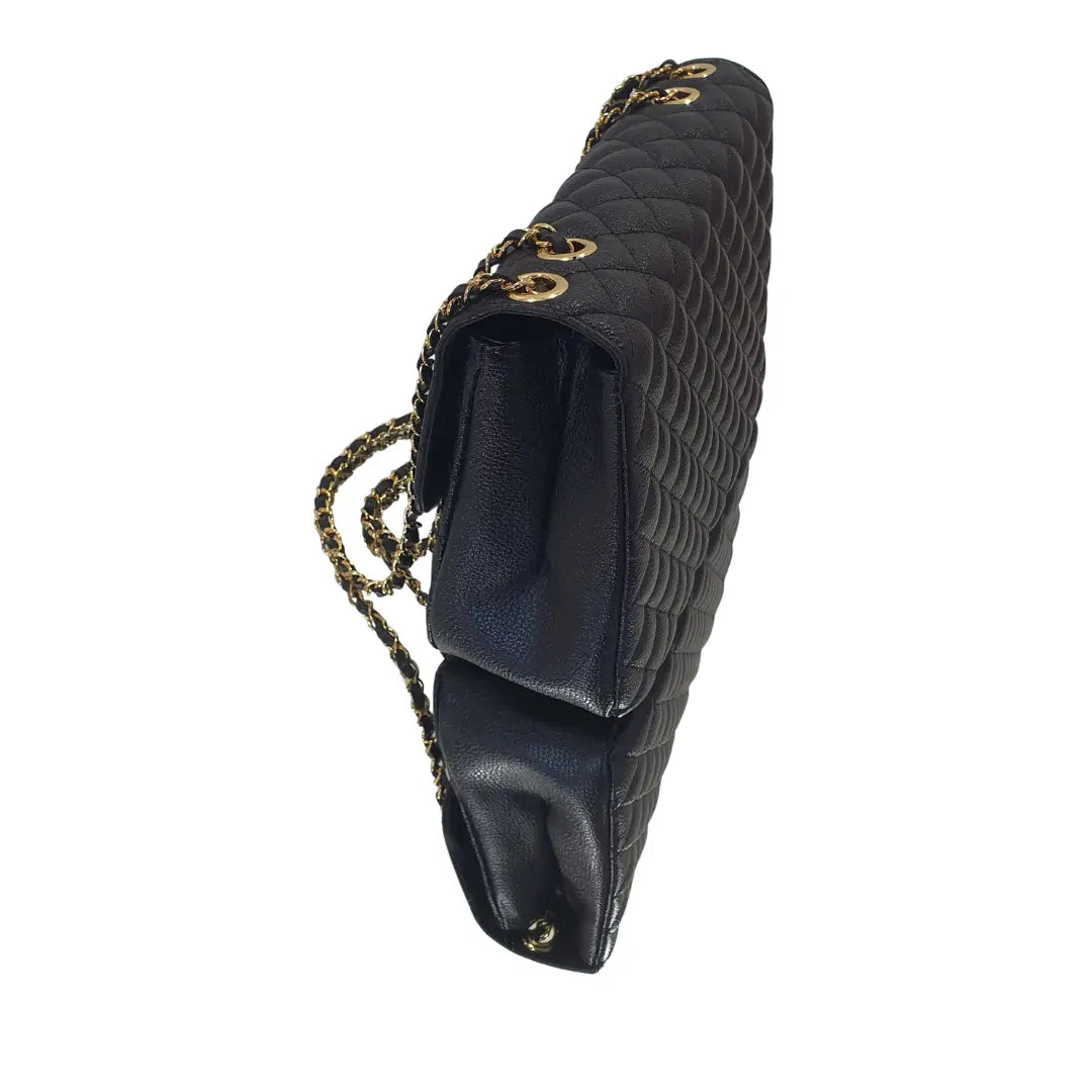 Bolsa Veneza Couro Legítimo Preto Floater Matelassê Com Alça de Corrente Ajustável