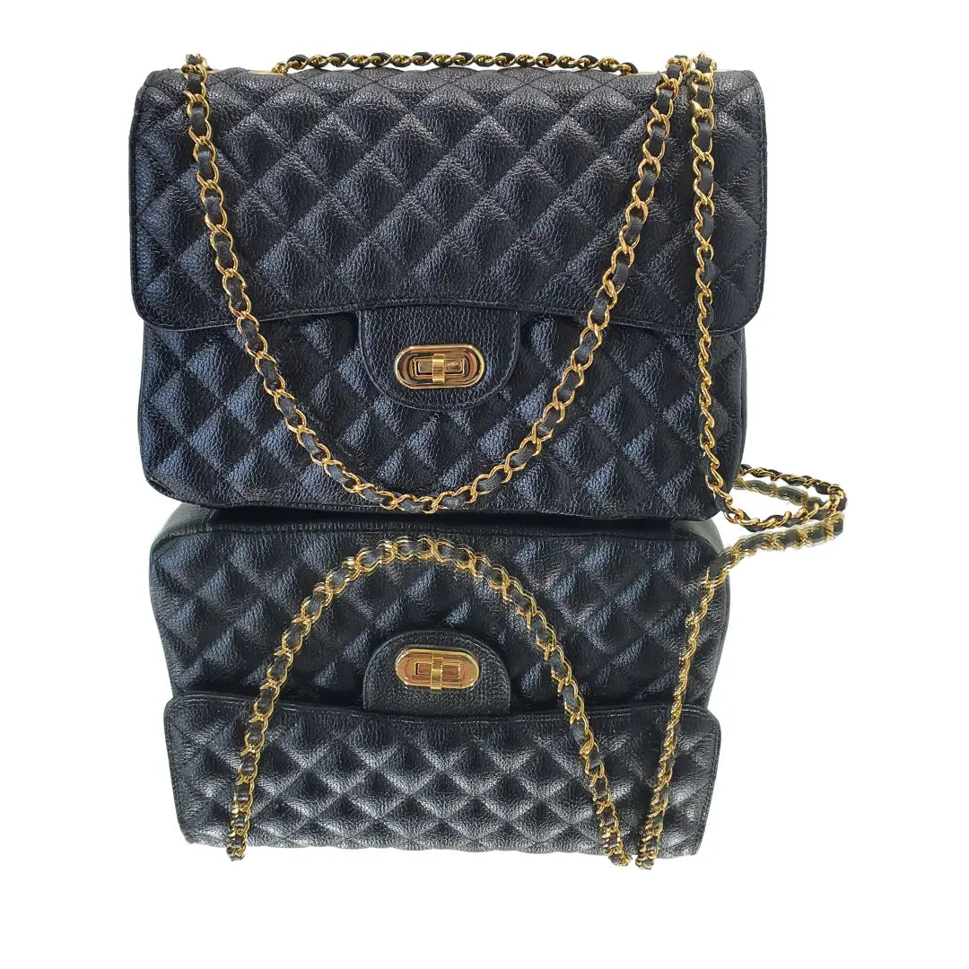 Bolsa Veneza Couro Legítimo Preto Floater Matelassê Com Alça de Corrente Ajustável