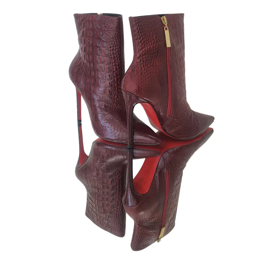 Bota Couro Legítimo Marsala Croco Salto Alto 12cm Sola Vermelha