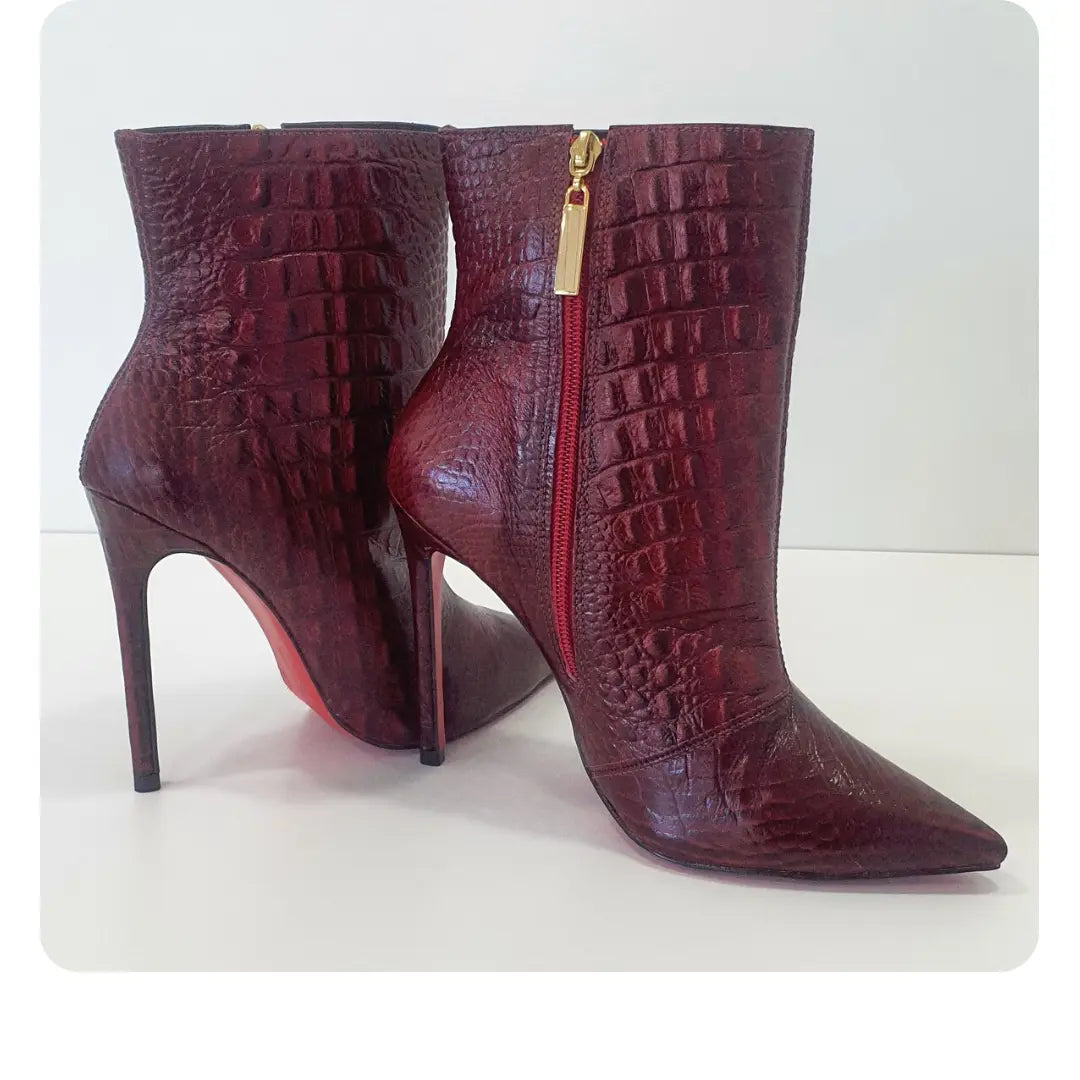 Bota Couro Legítimo Marsala Croco Salto Alto 12cm Sola Vermelha