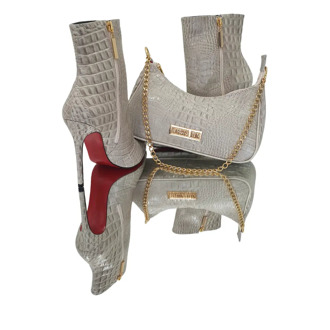 Bota Couro Legítimo Off White Croco Salto Alto 12cm Sola Vermelha