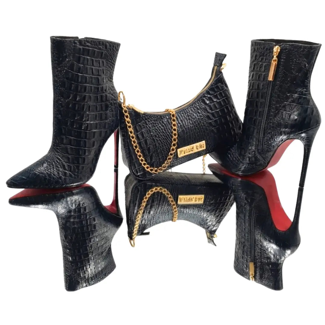 Bota Couro Legítimo Preto Croco Salto Alto 12cm Sola Vermelha