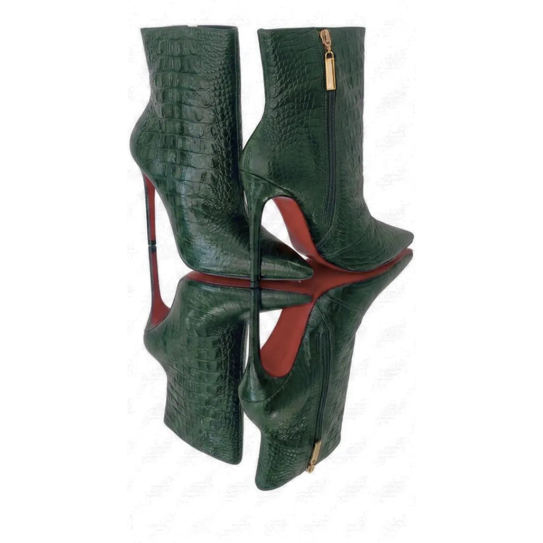 Bota Couro Legítimo Verde Militar Croco Salto Alto 12cm Sola Vermelha