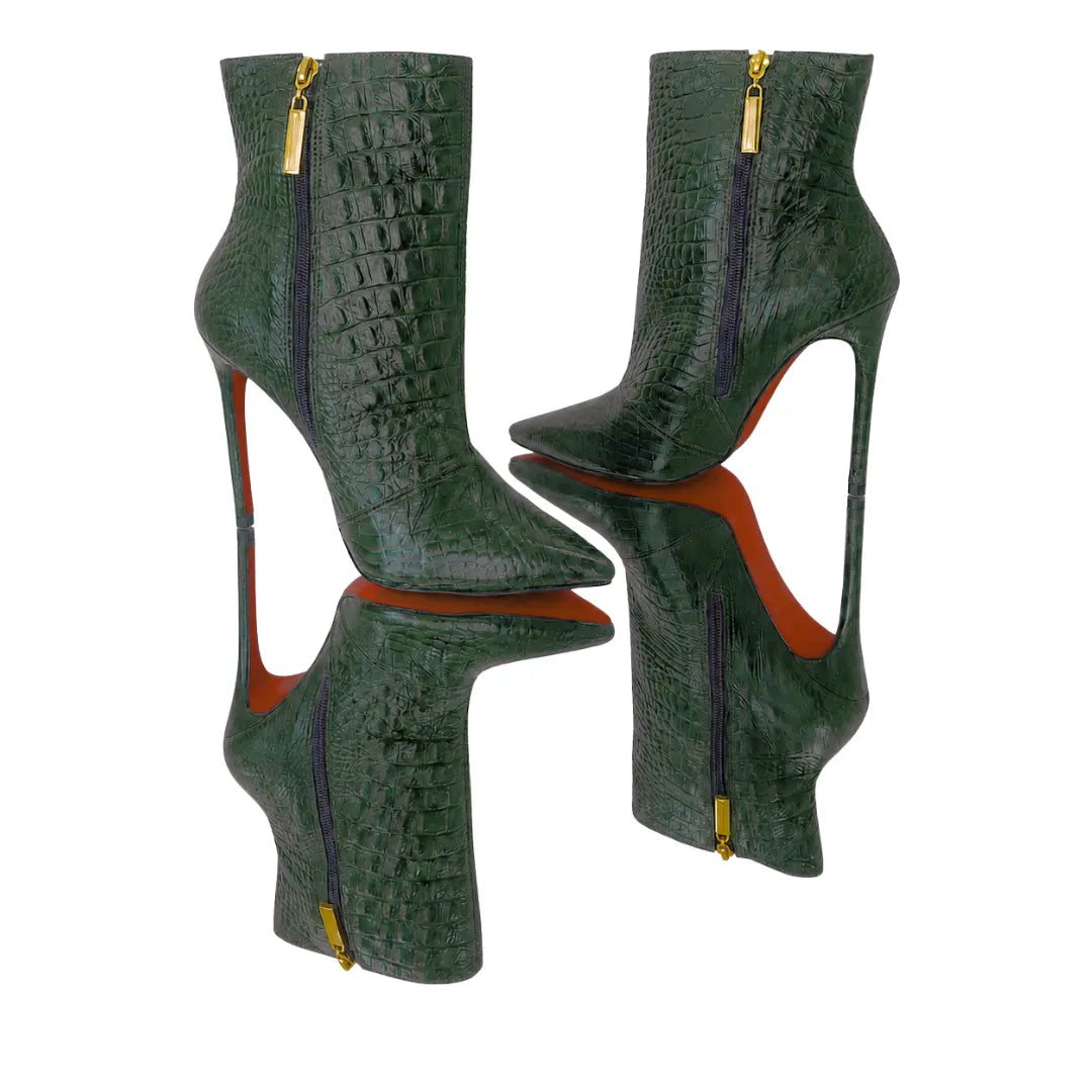 Bota Couro Legítimo Verde Militar Croco Salto Alto 12cm Sola Vermelha