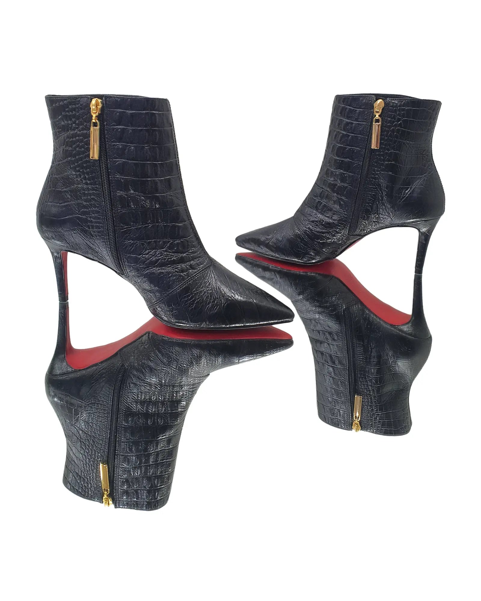 Bota Couro Legítimo Preto Croco Salto Médio 8cm Sola Vermelha