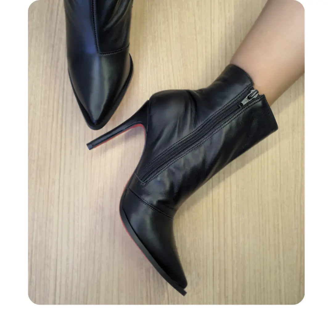 Bota Couro Legítimo Preto Fosco Salto Alto 10cm Sola Vermelha
