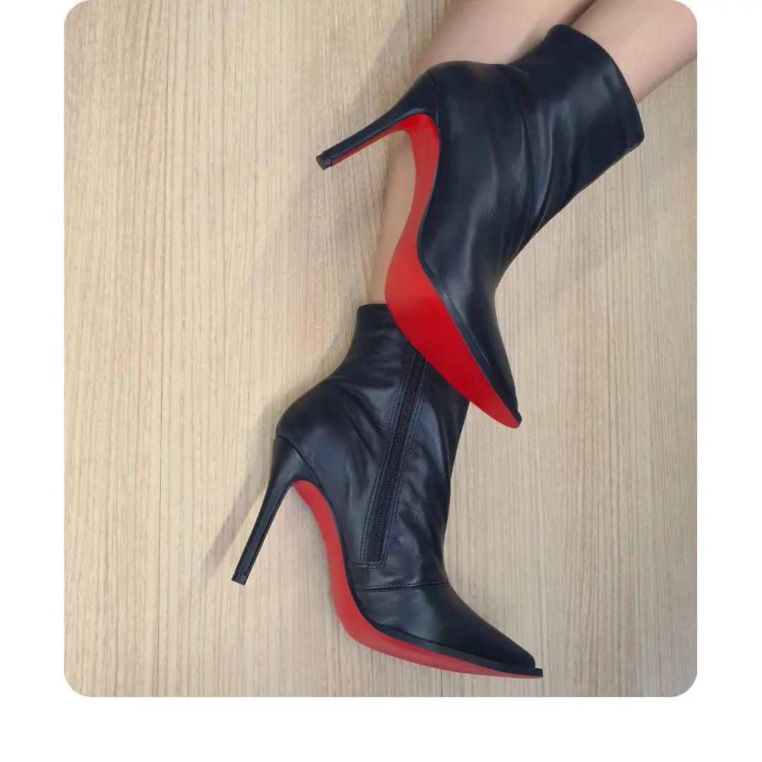 Bota Couro Legítimo Preto Fosco Salto Alto 10cm Sola Vermelha