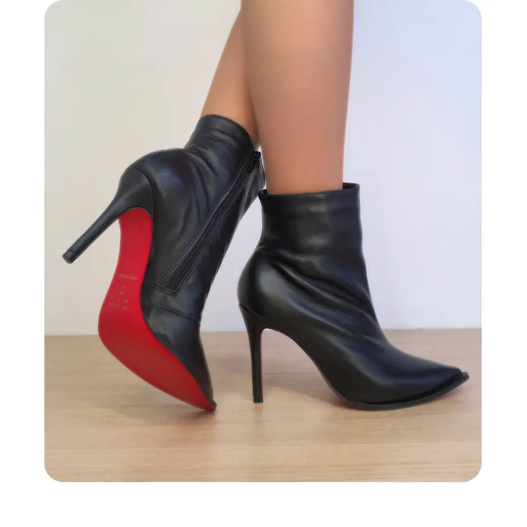 Bota Couro Legítimo Preto Fosco Salto Alto 10cm Sola Vermelha