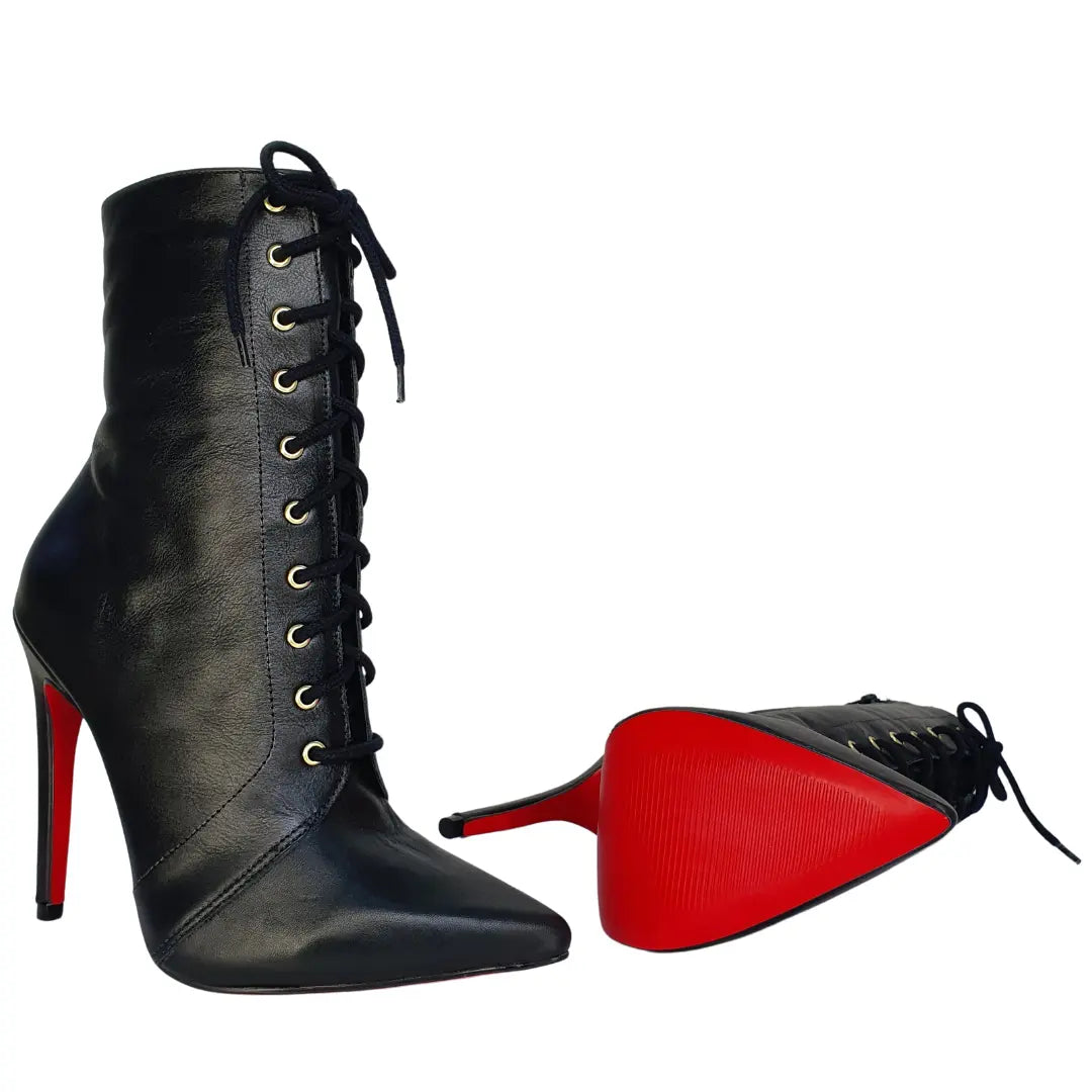 Bota Couro Legítimo Preto Fosco Salto Alto 12cm Sola Vermelha