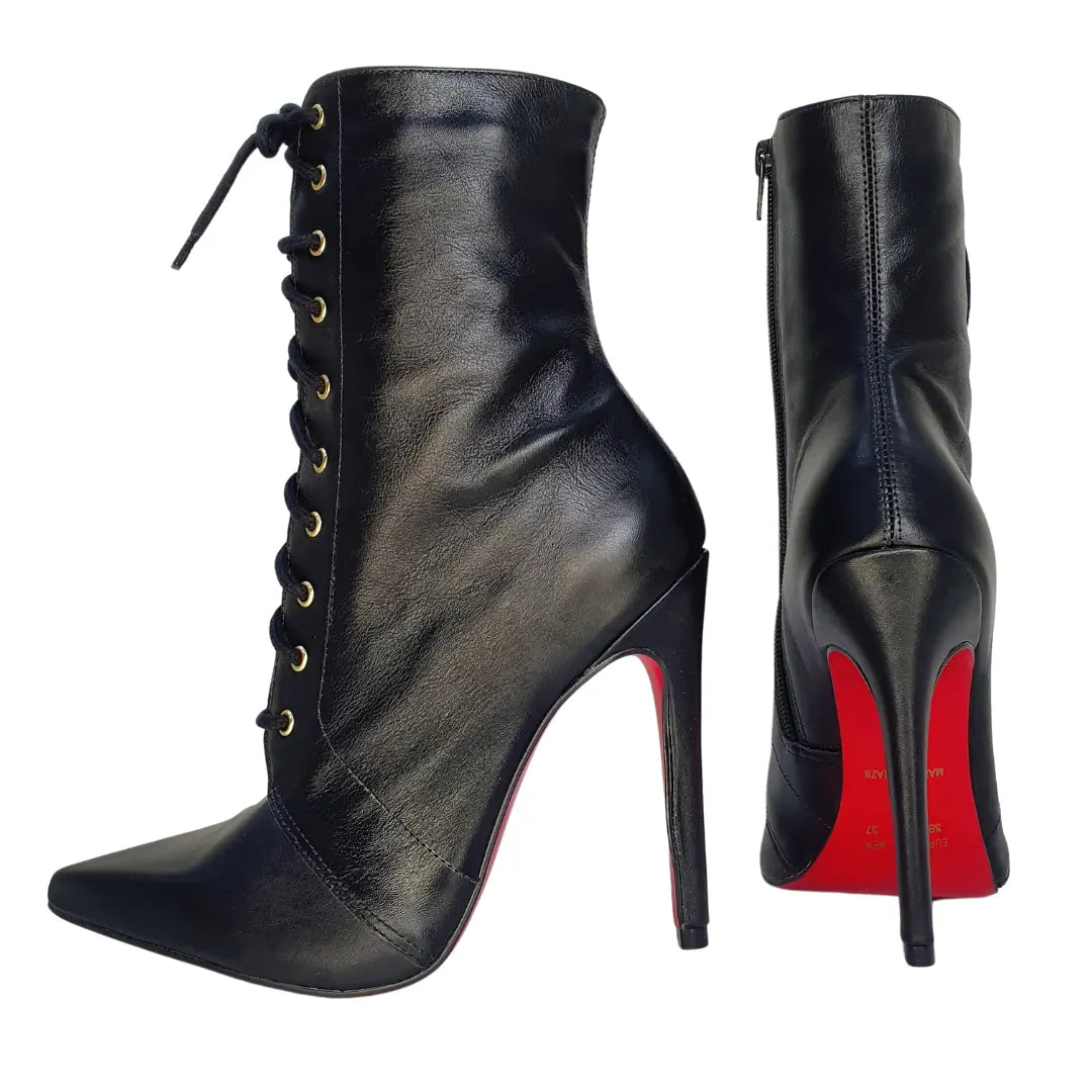 Bota Couro Legítimo Preto Fosco Salto Alto 12cm Sola Vermelha