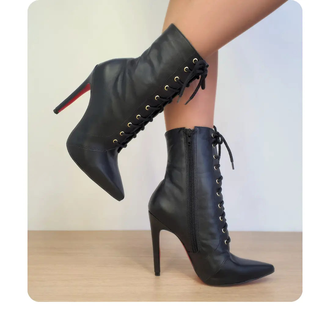 Bota Couro Legítimo Preto Fosco Salto Alto 12cm Sola Vermelha