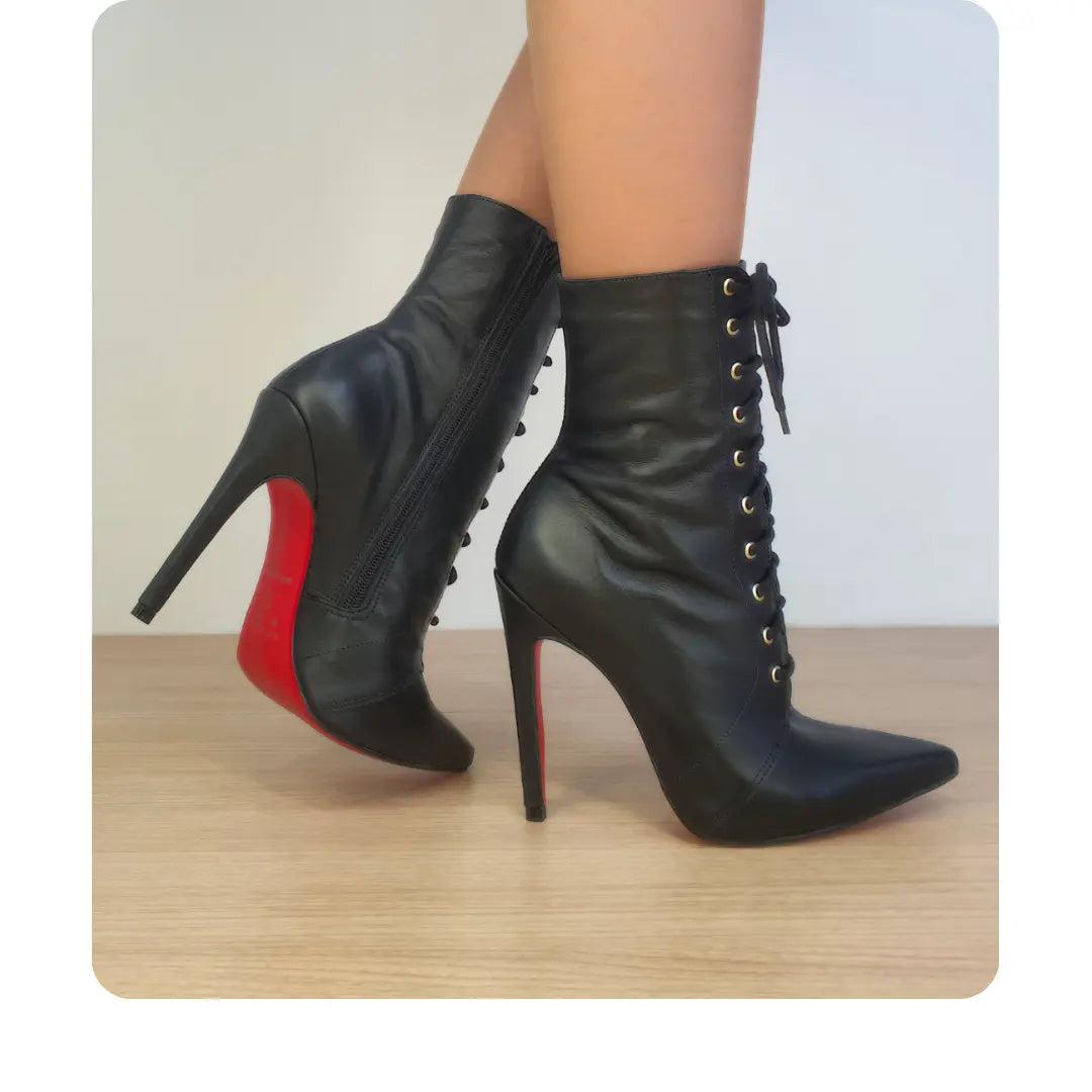 Bota Couro Legítimo Preto Fosco Salto Alto 12cm Sola Vermelha