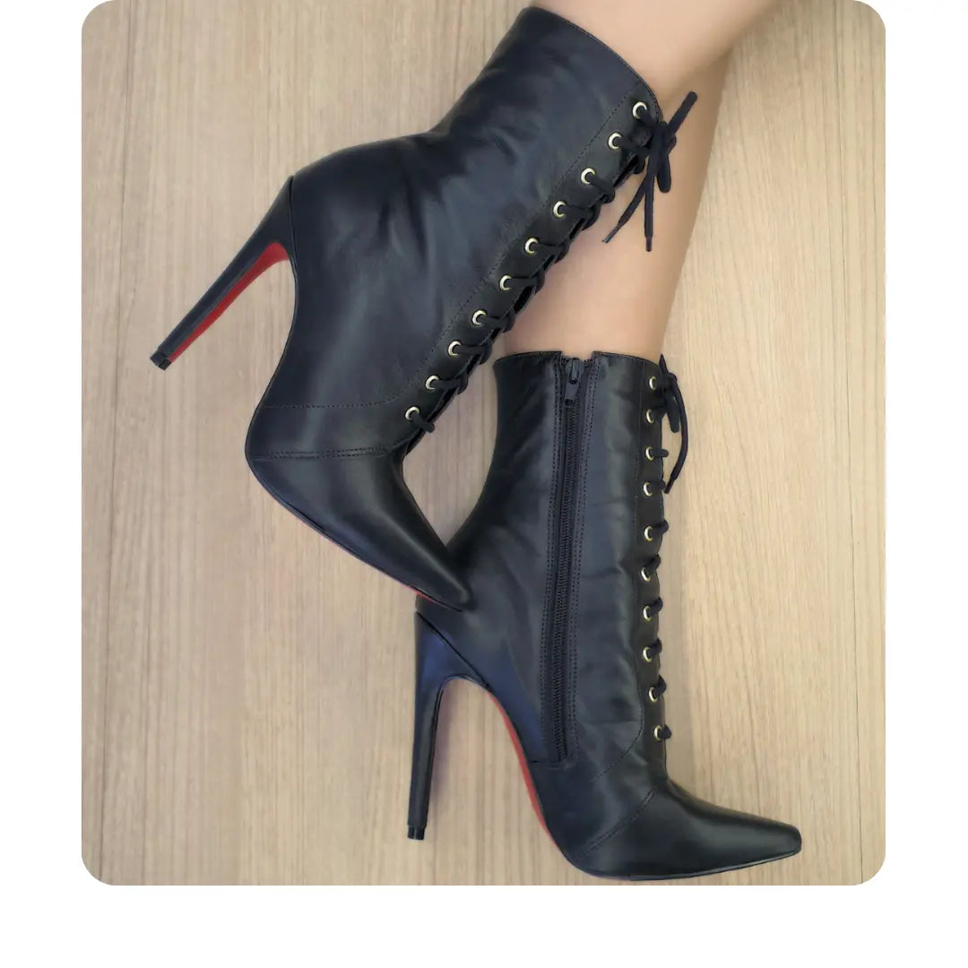 Bota Couro Legítimo Preto Fosco Salto Alto 12cm Sola Vermelha