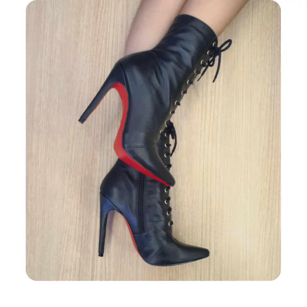 Bota Couro Legítimo Preto Fosco Salto Alto 12cm Sola Vermelha