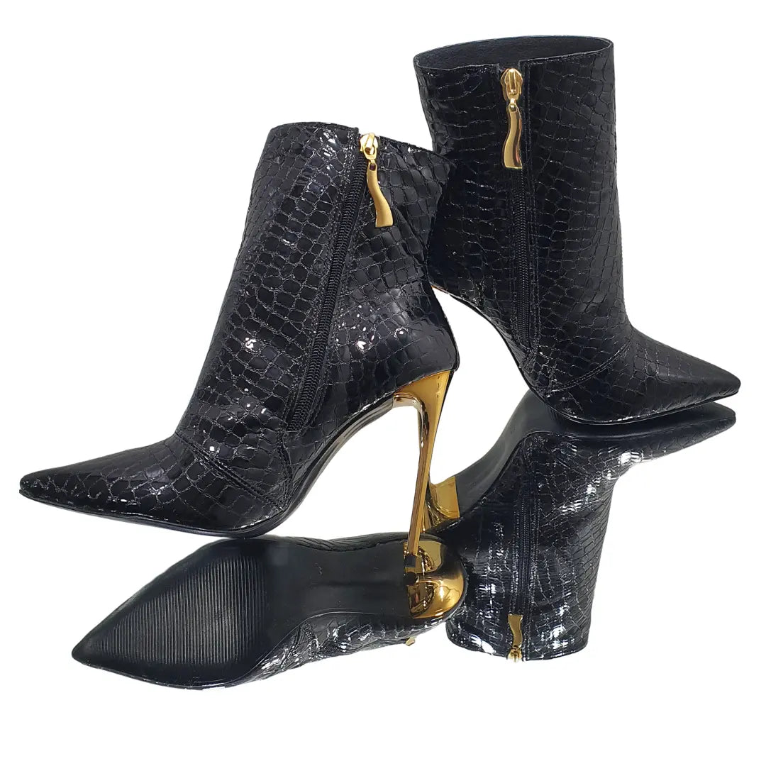 Bota Couro Legítimo Preto Verniz Croco Salto Alto Dourado 12cm Sola Preta