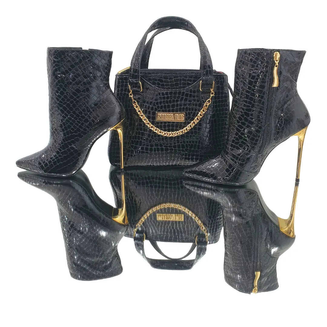 Bota Couro Legítimo Preto Verniz Croco Salto Alto Dourado 12cm Sola Preta
