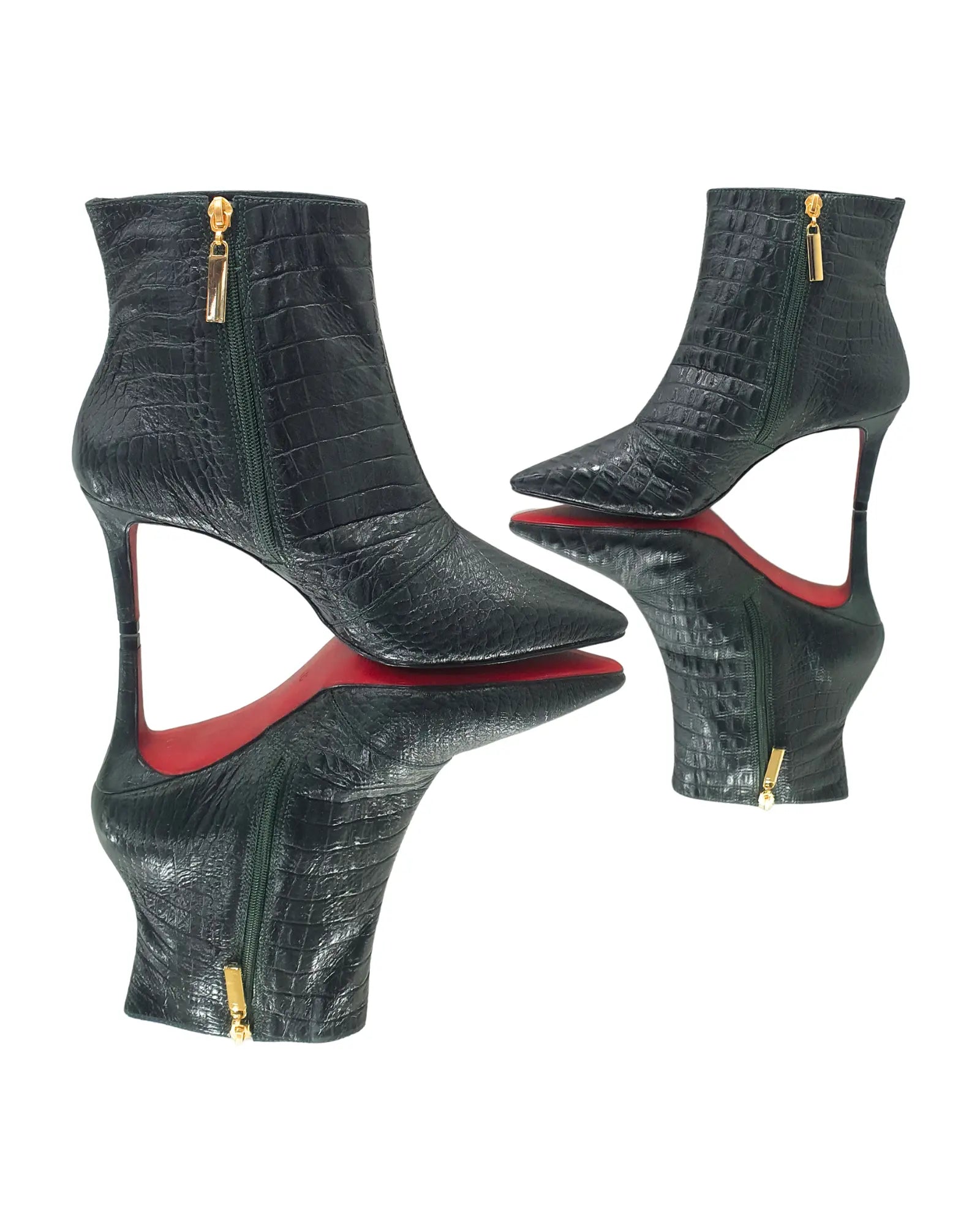 Bota Couro Legítimo Verde Militar Croco Salto Médio 8cm Sola Vermelha