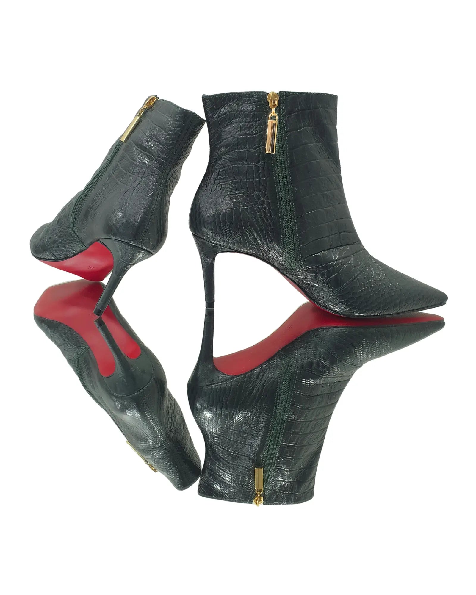 Bota Couro Legítimo Verde Militar Croco Salto Médio 8cm Sola Vermelha