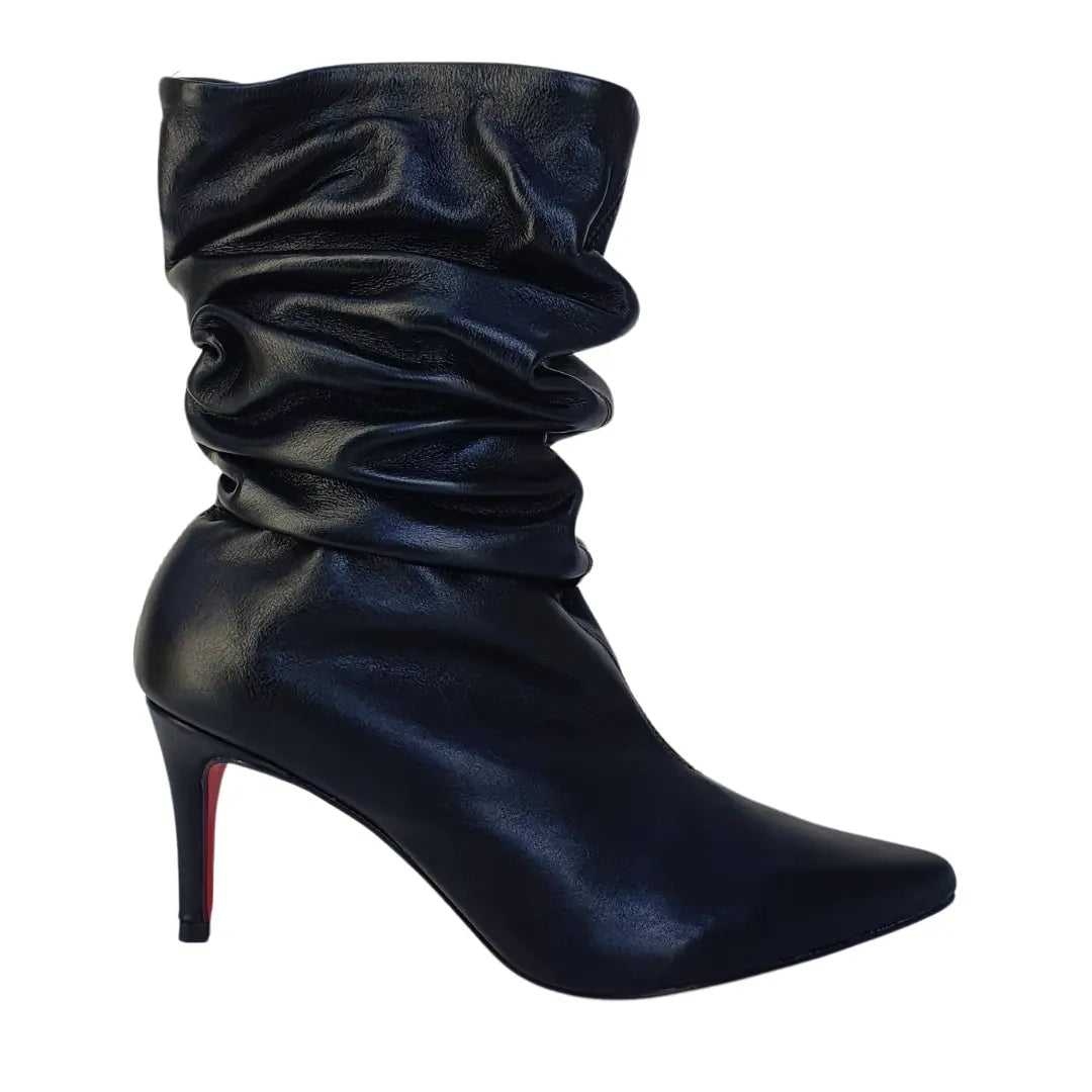 Bota Slouch Couro Legítimo Preto Fosco Salto Alto 8cm Sola Vermelha