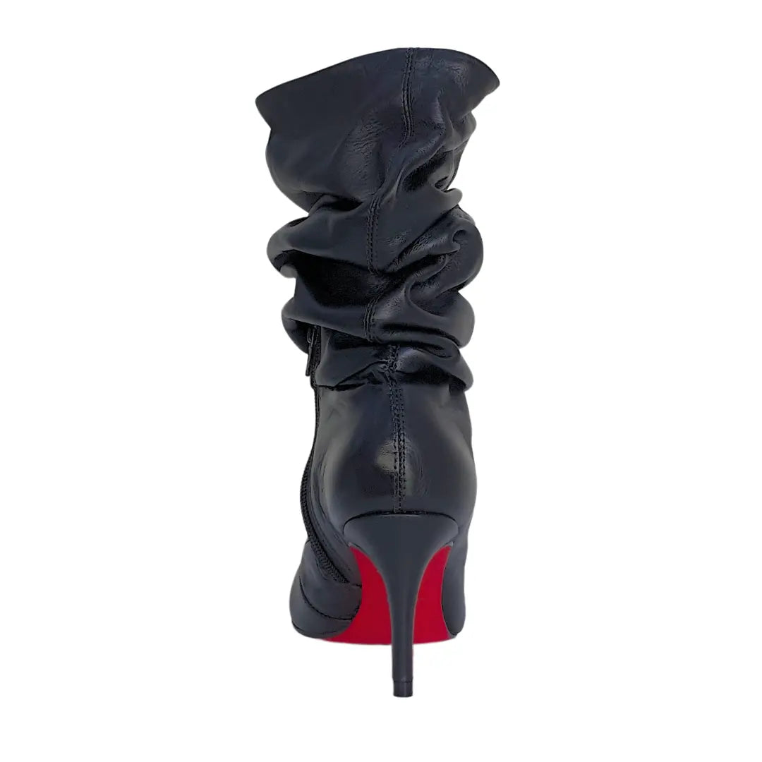 Bota Slouch Couro Legítimo Preto Fosco Salto Alto 8cm Sola Vermelha