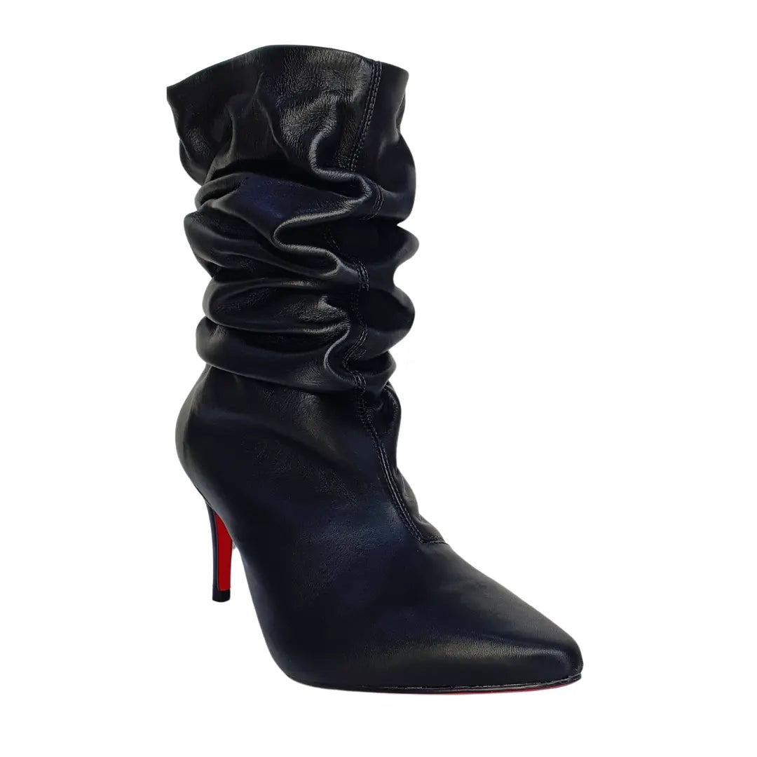 Bota Slouch Couro Legítimo Preto Fosco Salto Alto 8cm Sola Vermelha