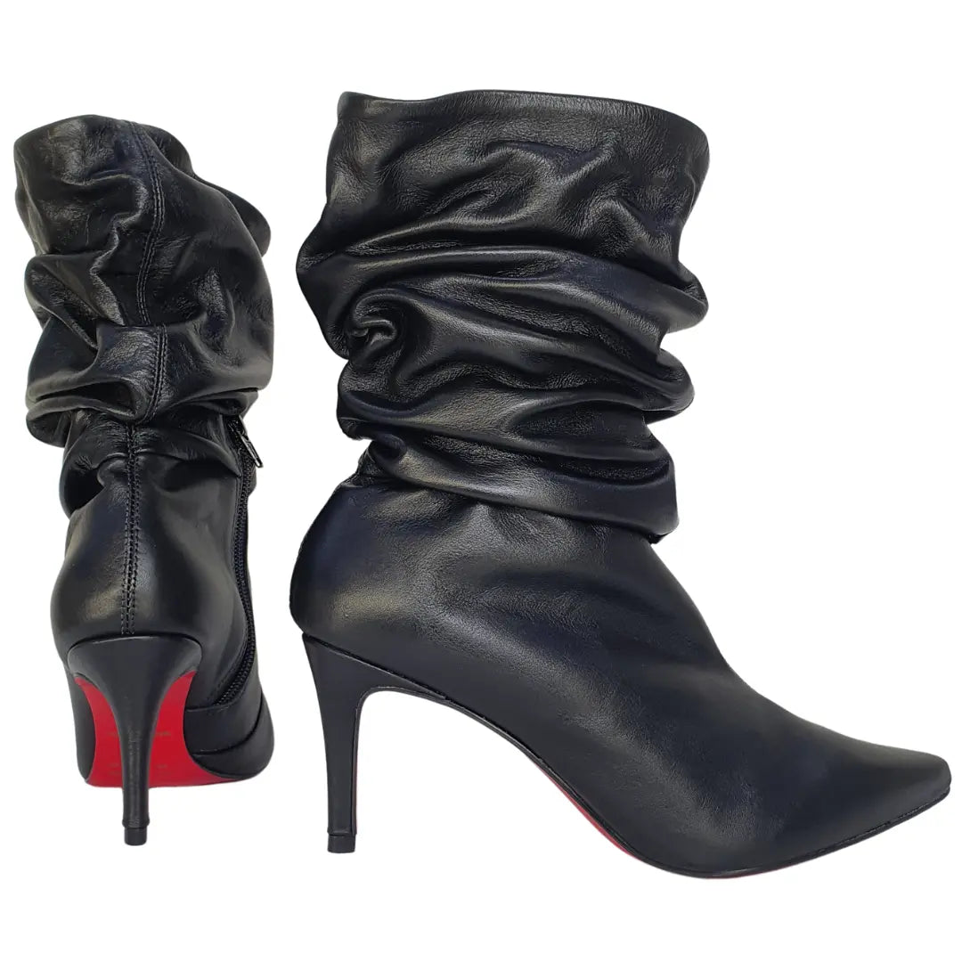 Bota Slouch Couro Legítimo Preto Fosco Salto Alto 8cm Sola Vermelha